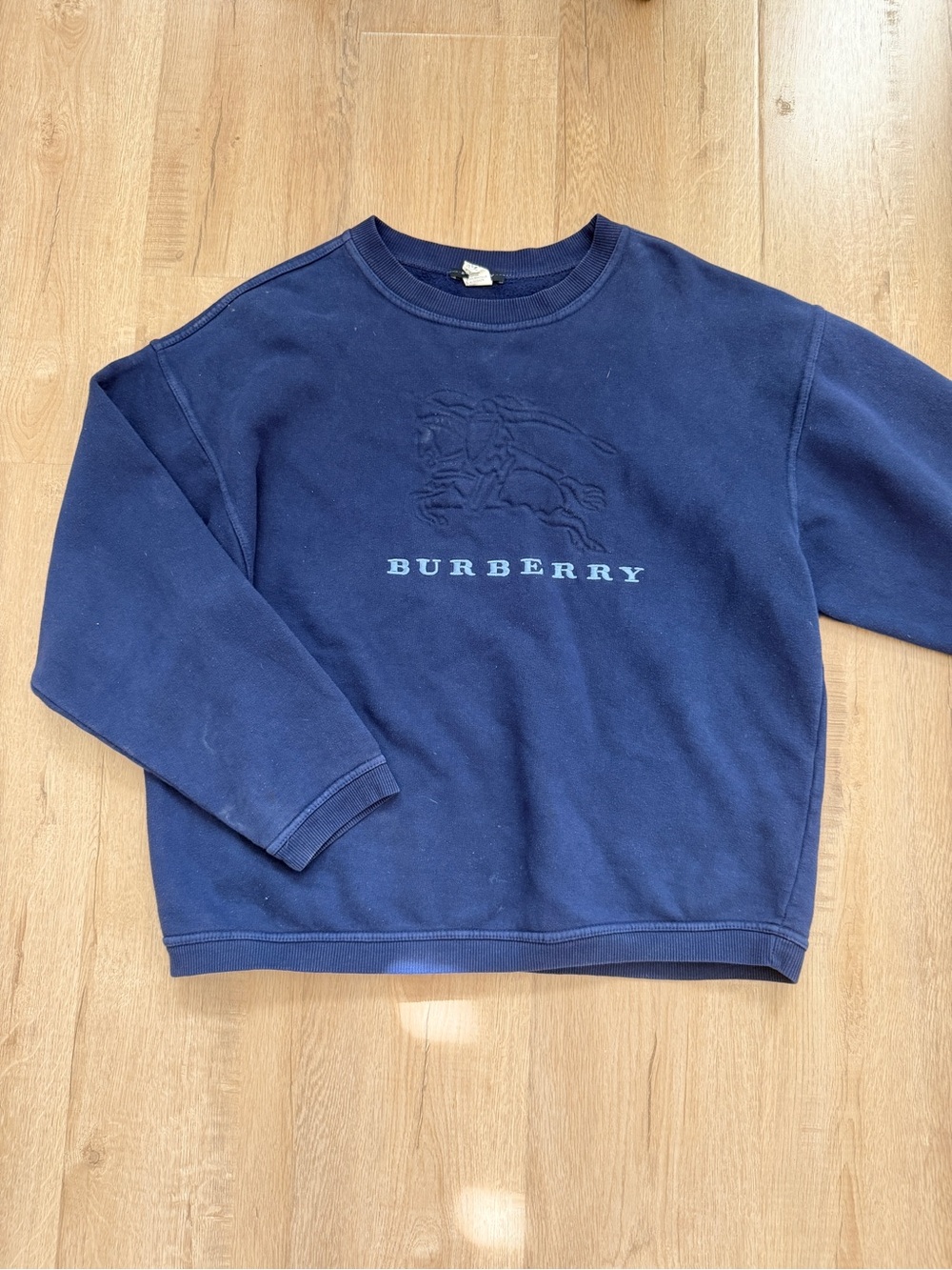 RARE Vintage Burberry Sweatshirt Crewneck Raised Equestrian Knight Navy Blue L
